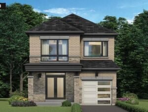Modern two-storey detached home with black accents and large windows