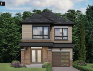 Modern two-storey brick home with large windows and garage
