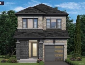 Two-storey brick home with modern garage and landscaped front yard
