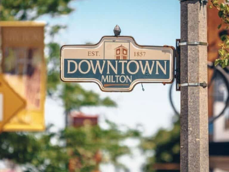 Downtown Milton heritage sign on a lamp post